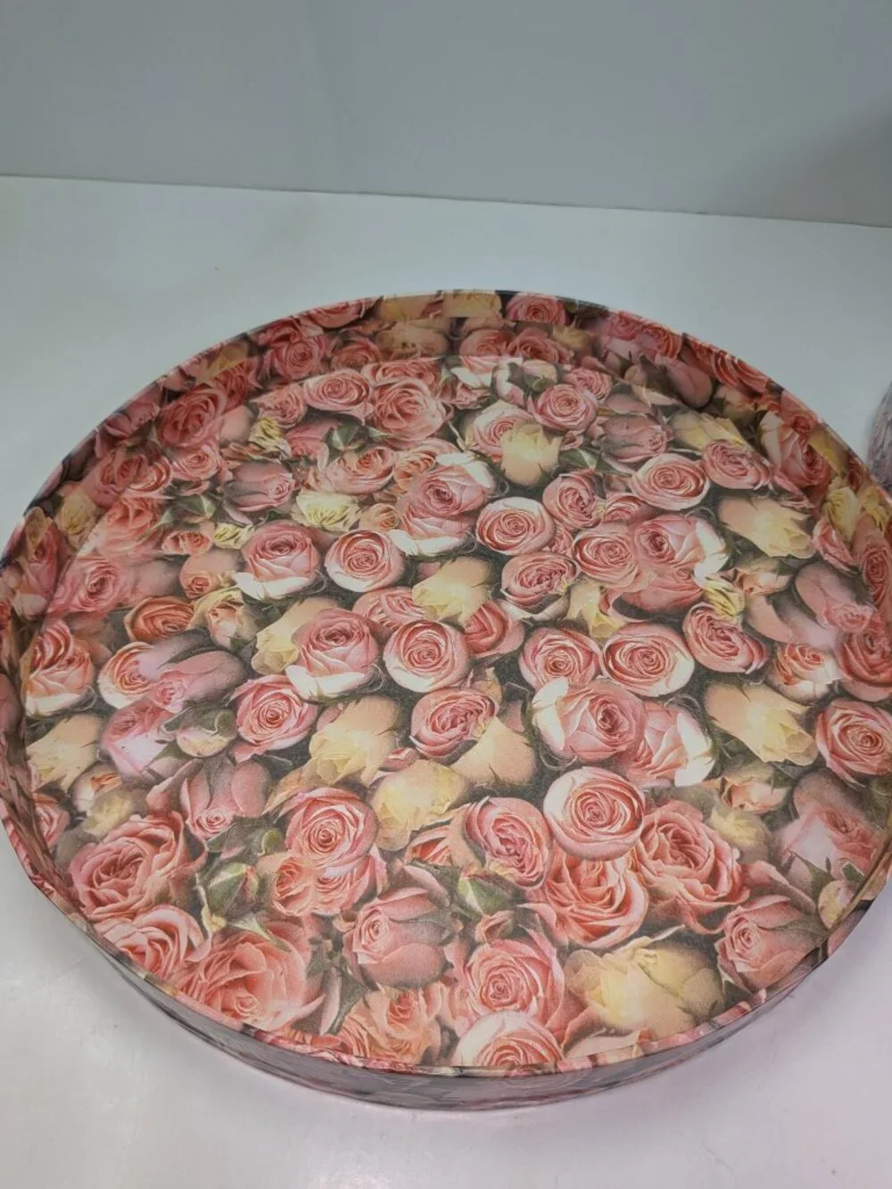 Vintage Large Round Kitten & Pink Roses Cardboard Hat Box Storage 12